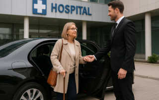 Chauffeur assisting a passenger near a hospital entrance with a luxury black car.
