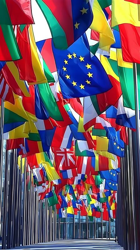 Row of international flags representing global citizenship and mobility programs