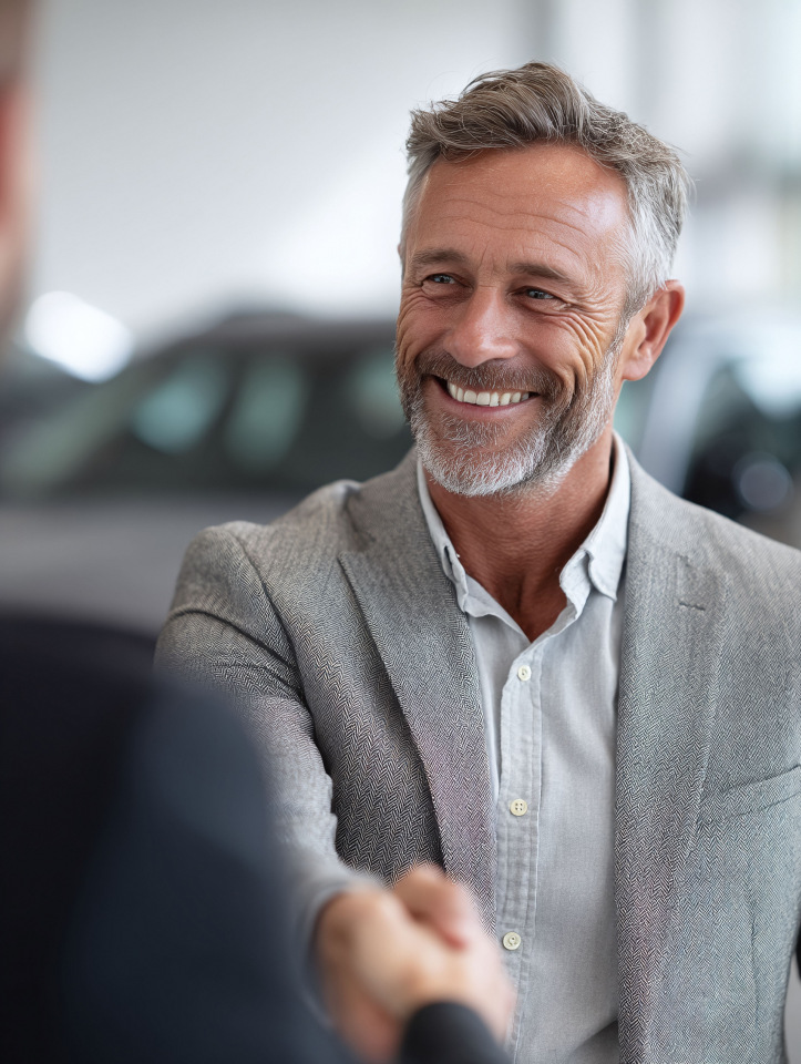 Smiling businessman shaking hands after securing global residency and chauffeur support