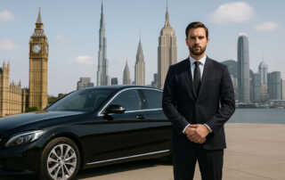 Chauffeur with luxury sedan in front of iconic landmarks from London, Dubai, New York, and Hong Kong. Title: HYRYDE Global Chauffeur Network