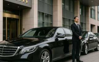 Luxury black sedan outside a five-star hotel with a professional chauffeur