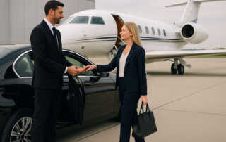 Chauffeur assisting a business traveller beside a luxury sedan with a private jet in the background.