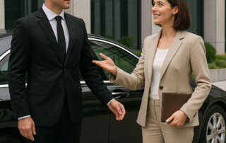Chauffeur with luxury sedan as a real estate agent gestures towards a modern upscale property.