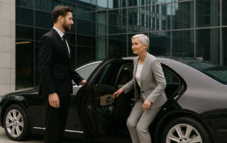 Chauffeur assisting a professional outside a luxury black sedan near a modern glass building.