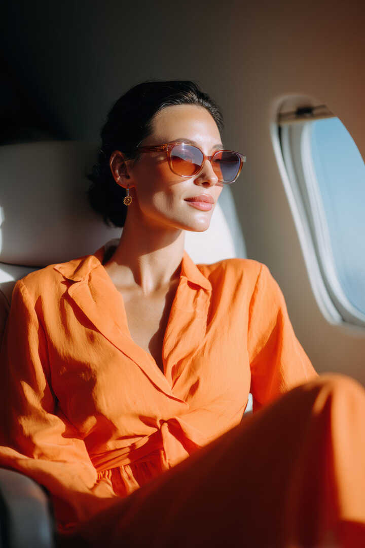 Elegant woman in private jet gazing out window during global mobility travel