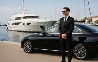 Chauffeur with luxury black sedan at a marina with yachts in the background