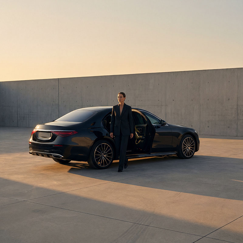 Luxury chauffeur service with a sleek black executive car parked in a modern, minimalist setting under warm sunset light.