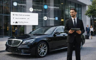 Professional chauffeur standing beside a luxury black sedan outside a modern corporate office building.
