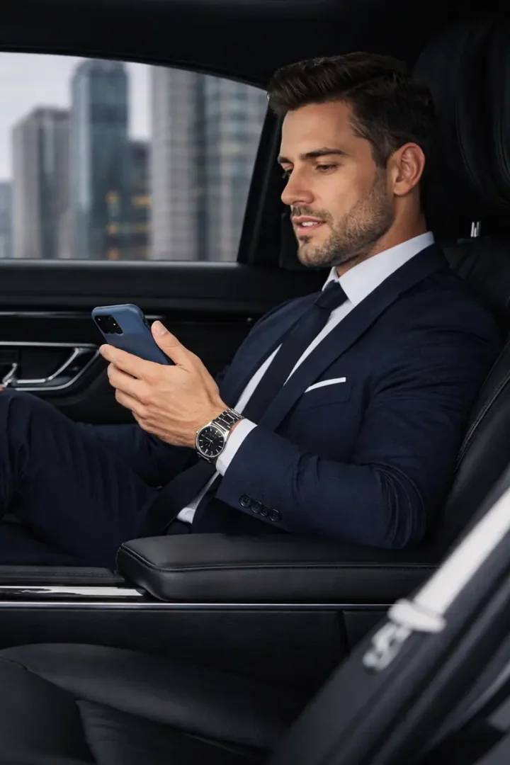 Executive chauffeur experience for business travel Businessman seated in a luxury chauffeur-driven car using smartphone during executive travel