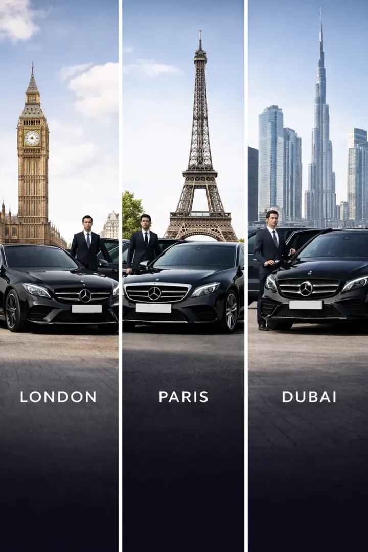 Global chauffeur fleet across London, Paris, and Dubai Luxury Mercedes-Benz chauffeur vehicles positioned in iconic global cities including London, Paris, and Dubai