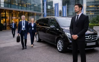 Professional chauffeur standing beside a luxury sedan outside a conference venue.