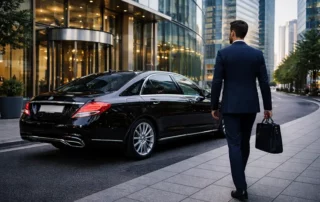Luxury black sedan parked outside a modern corporate office building in a financial district.