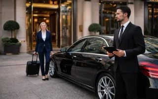 Professional chauffeur waiting beside a luxury sedan outside a five-star hotel for a business traveller.