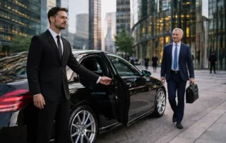 Professional chauffeur waiting beside a luxury sedan outside a financial district office building.