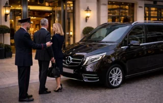 Professional chauffeur beside a luxury Mercedes V-Class outside a five-star hotel entrance.