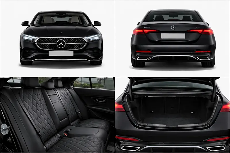 Business Sedan Mercedes E Class chauffeur vehicle showing front, rear, interior seating and luggage boot space