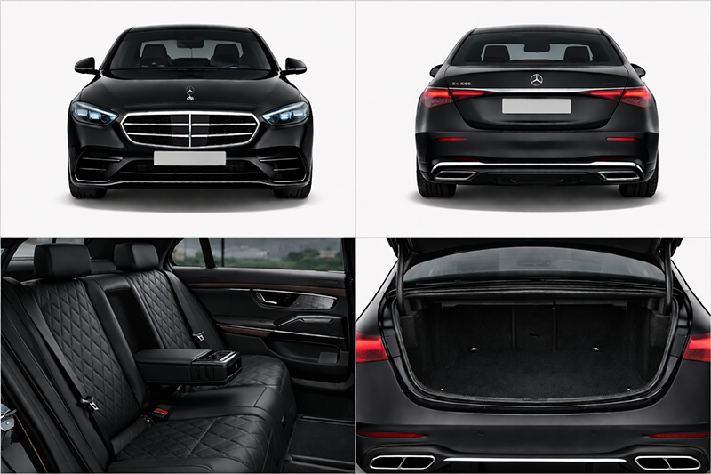 Mercedes S Class Chauffeur Car | Luxury Executive Travel Mercedes S Class luxury chauffeur vehicle showing front, rear, premium rear seating and luggage boot