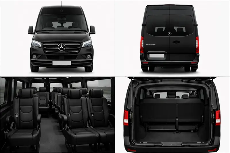 Mercedes Sprinter 16 seater chauffeur vehicle showing front, rear, passenger seating layout and luggage space