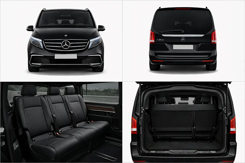 Mercedes-Benz V-Class Mercedes V Class chauffeur vehicle showing front, rear, three-seat rear bench interior and luggage space
