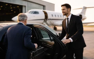 Professional chauffeur opening the door of a luxury sedan for an executive near a private jet terminal.