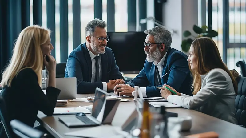 Family office team discussing private client travel and chauffeur service arrangements in meeting