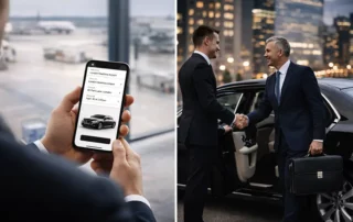 Business executive comparing app-based ride booking with a professional chauffeur service beside a luxury vehicle.