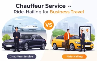 Comparison between professional chauffeur service and ride-hailing options for business travel in a city environment.