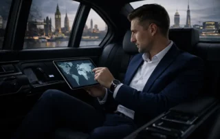 Executive working inside a luxury chauffeur-driven vehicle during business travel.