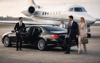 Chauffeur opening a luxury sedan door for business travellers beside a private jet on an airport runway
