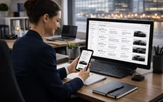 Executive assistant managing chauffeur bookings on a desktop and mobile device in a modern office.