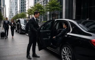 Professional chauffeur-driven executive vehicles coordinating business travellers across a financial district