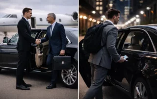 Business executive choosing between a professional chauffeur service and a ride-hailing vehicle in a city environment.