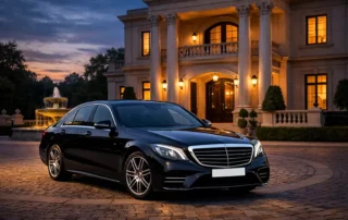 Luxury black executive sedan parked outside a high-end residence at dusk, representing VIP chauffeur services.